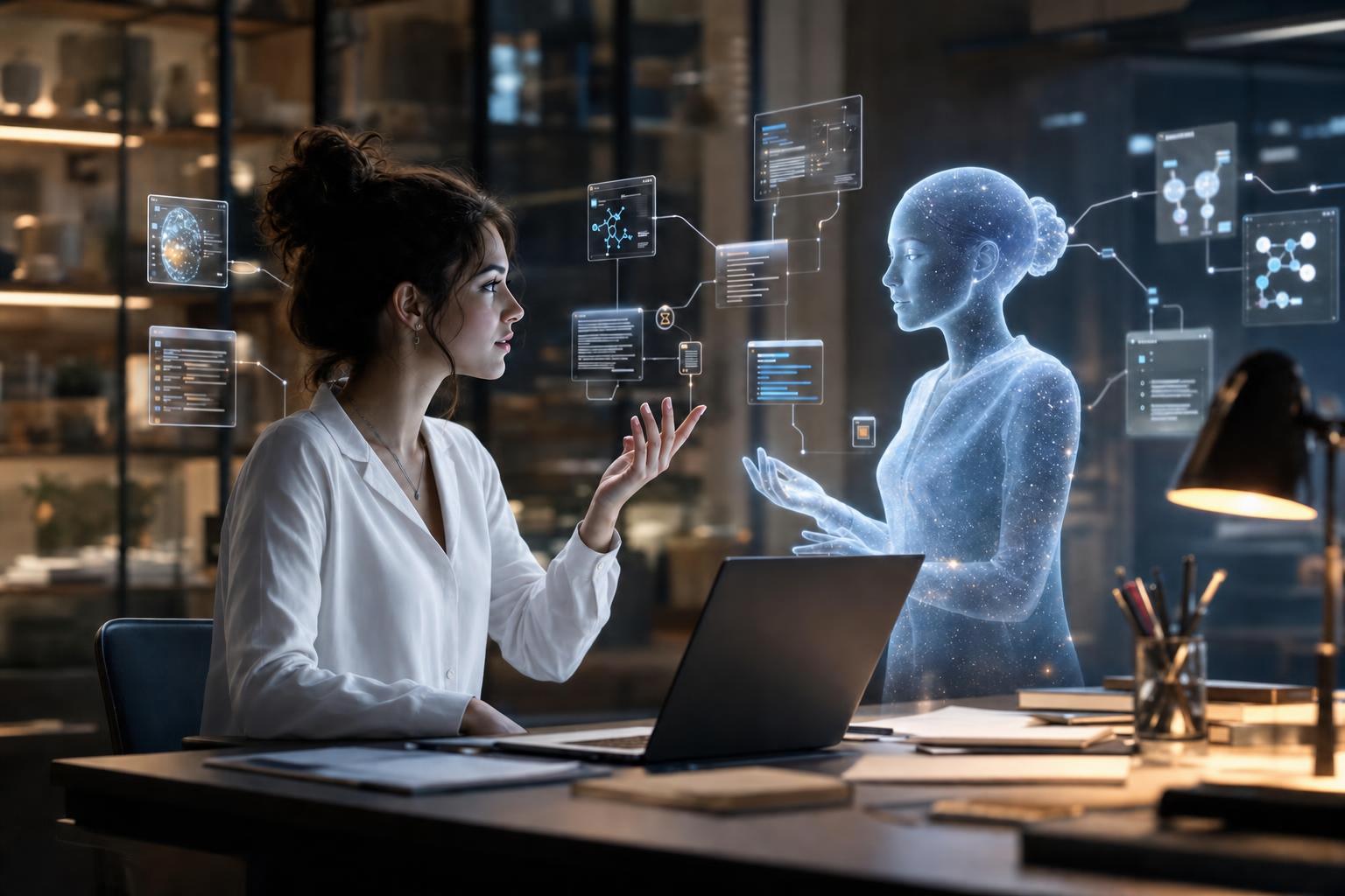 A researcher in white clothing interacting with a virtual AI avatar assistant and workflow automation interface.