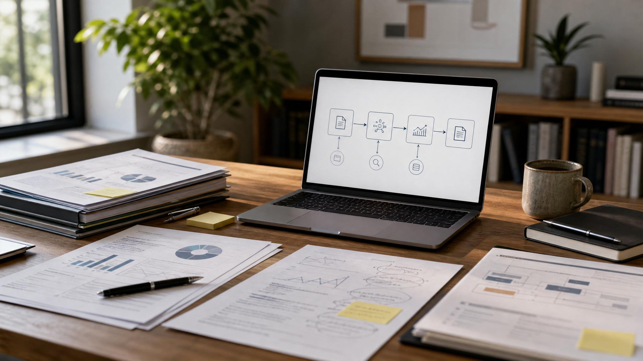Offerings Printed reports, charts and document workflow materials on a desk.